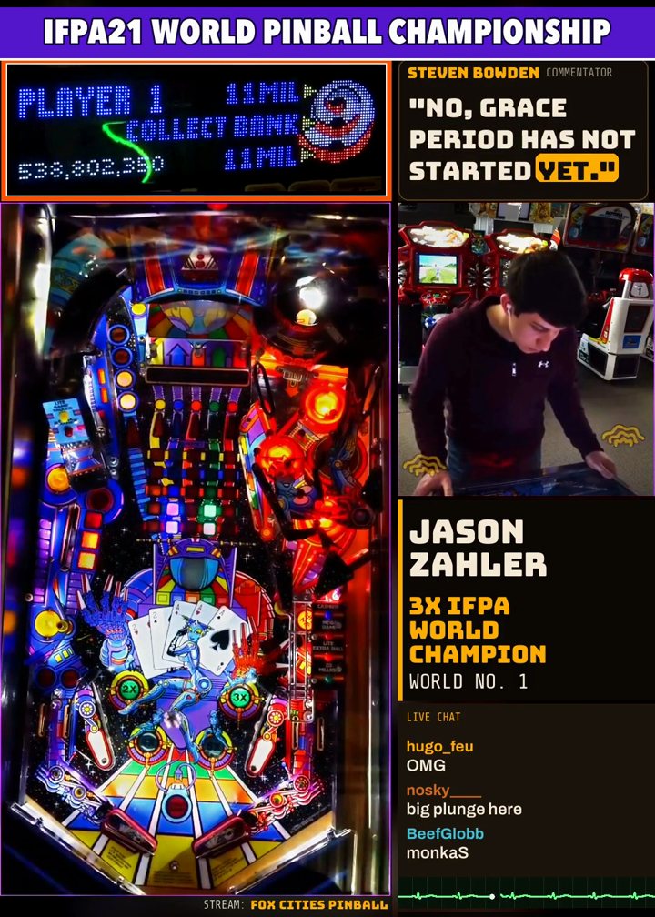 Jason Zahler nudging the Jack*Bot machine in the IFPA21 finals, with lines marking each hit